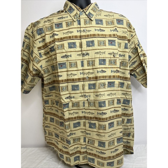 Woolrich‎ Shirt Button Up Collar Short Sleeve Fishing Shirt Fish & Lures Size XL - Picture 1 of 6